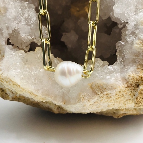 New Necklace Fresh Water Pearl 14k Yellow Gold Plated Paper Clip Chain L… - Picture 4 of 8